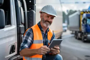 Freight forwarder with tablet coordinating trucks