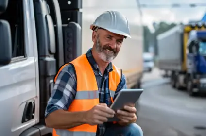 Freight forwarder with tablet coordinating trucks